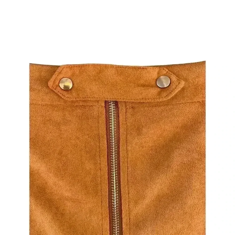 Gianni Bini Faux Suede Camel Tan Zip Snap Flat Front Mini Skirt Size Medium Fall
